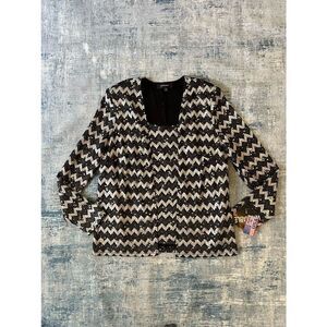 R & M Richards Black Gray Zig Zag Sequin Blouse Attached Cardigan Size 16